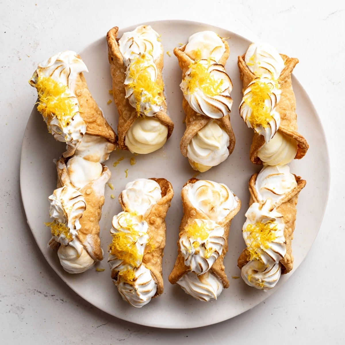 Handheld dessert featuring lemon cream filled cannoli with beautifully torched meringue swirls