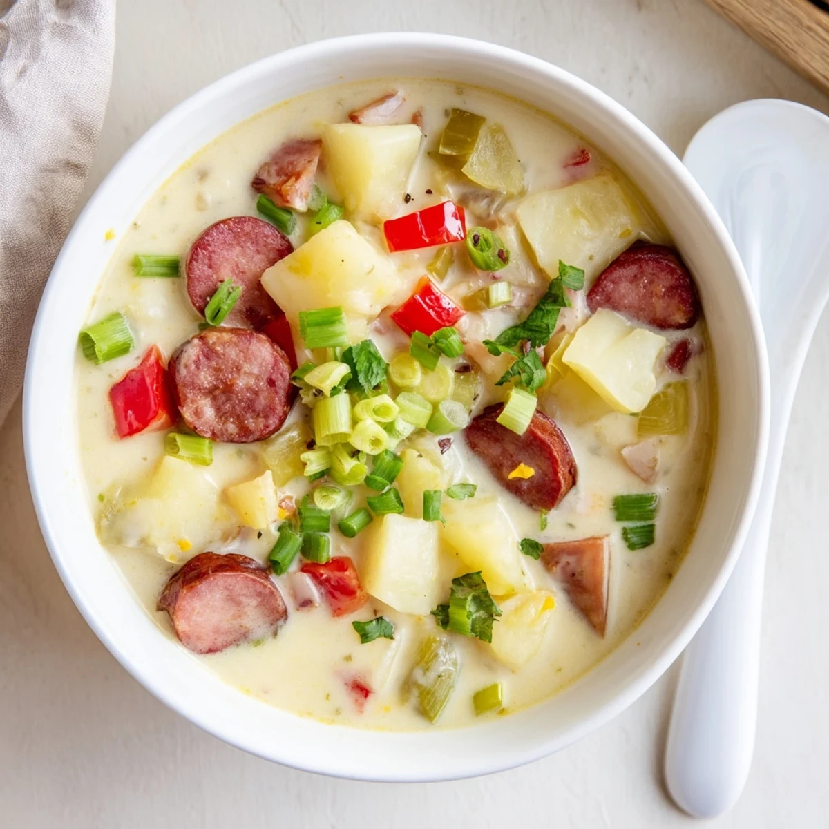 Creamy Cajun potato soup with smoky andouille sausage and colorful vegetables in a rustic bowl.