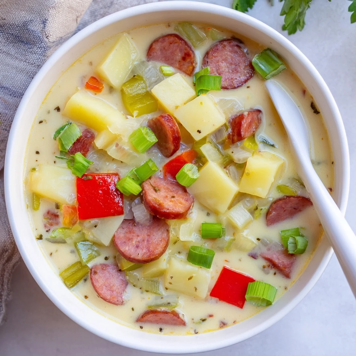 Hearty Cajun potato soup featuring tender potatoes, spicy sausage, and fresh green onion garnish.