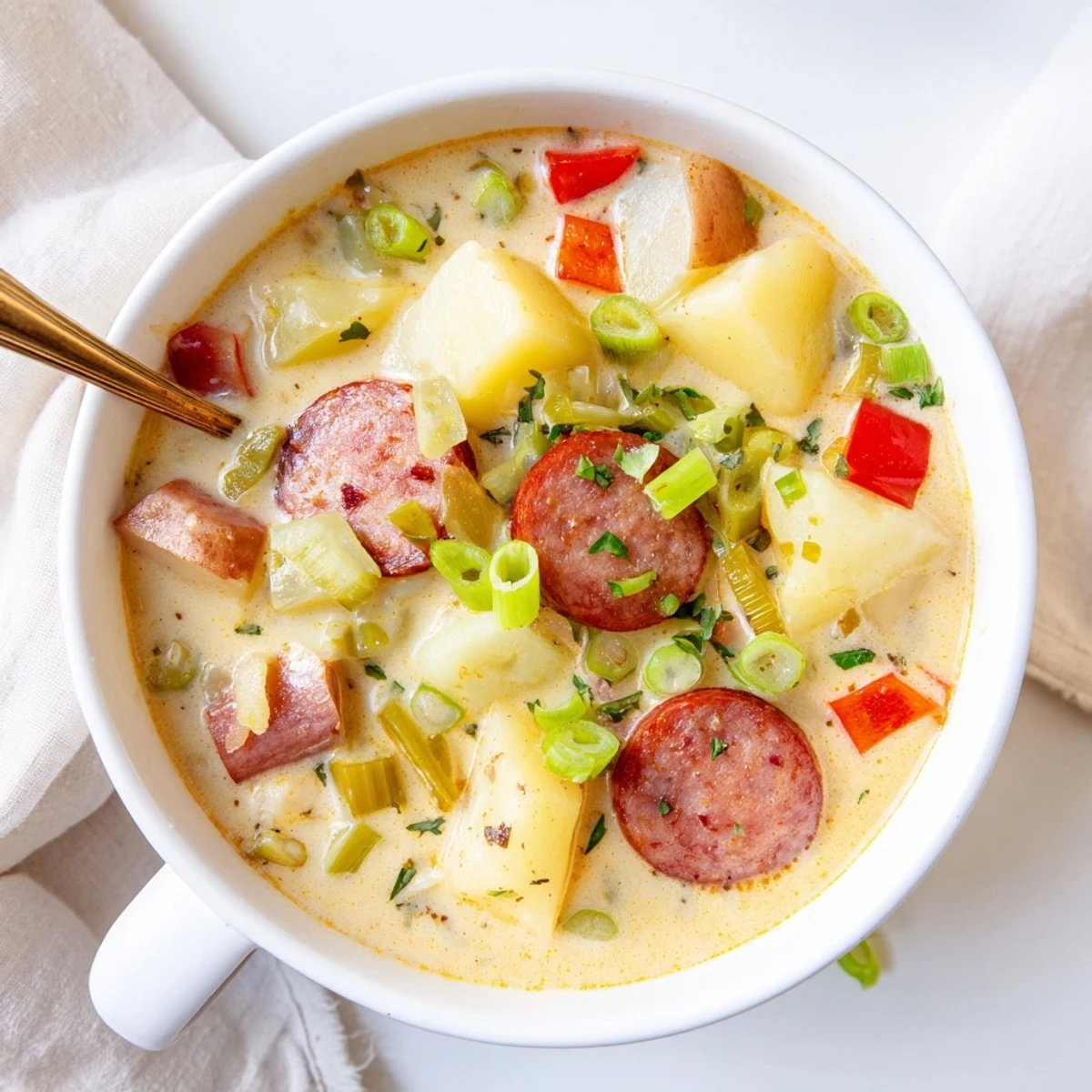 Rich and creamy Cajun potato soup topped with sliced sausage, parsley, and green onions.