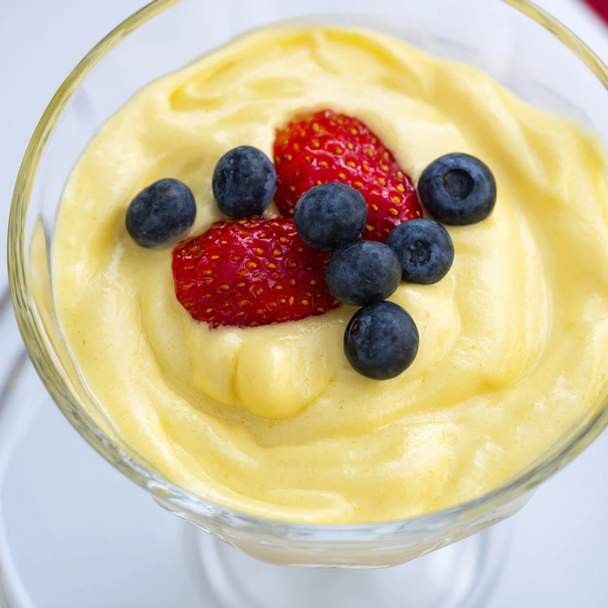 Golden Zabaglione custard served warm in elegant glasses with fresh berry garnish