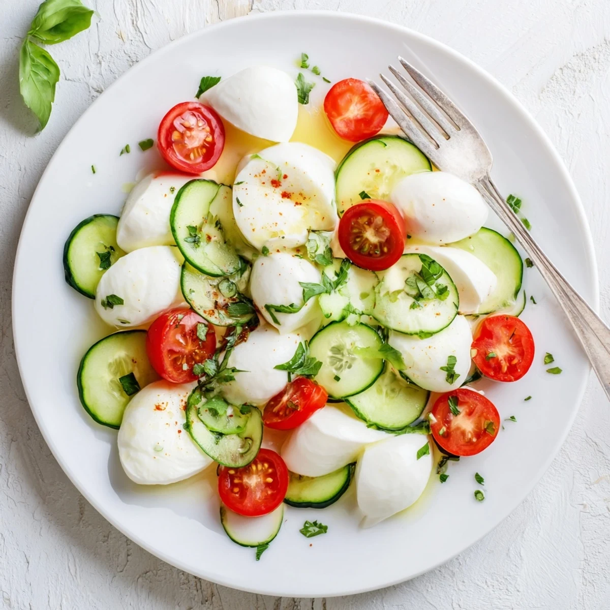 Colorful Mediterranean cucumber mozzarella salad featuring cherry tomatoes and fresh basil in white wine vinaigrette