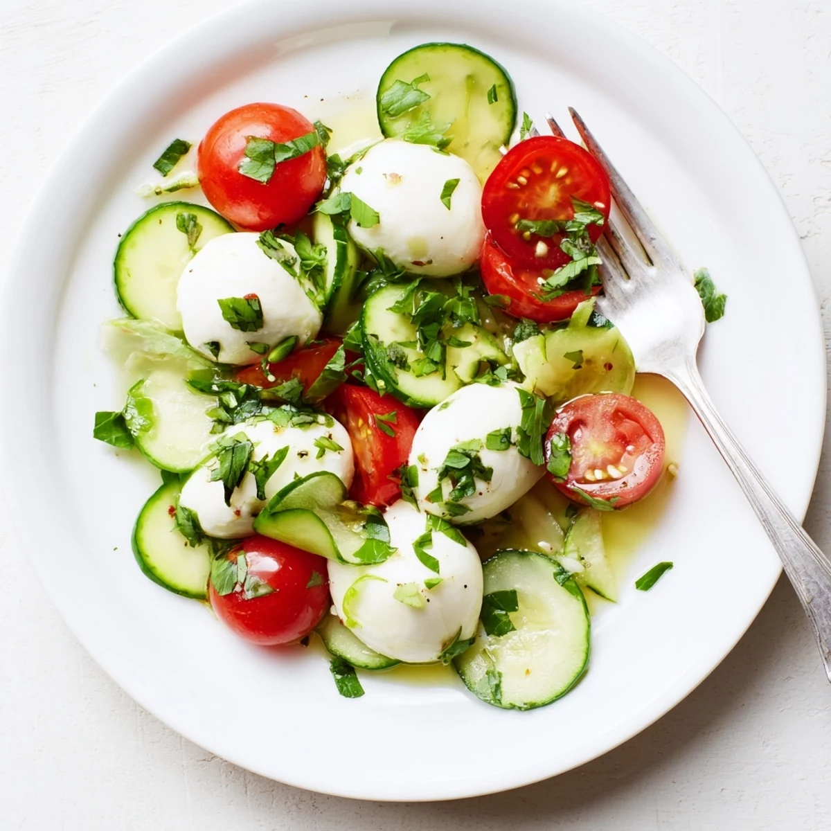 Fresh cucumber mozzarella salad with crisp sliced cucumbers and creamy bocconcini in herb dressing