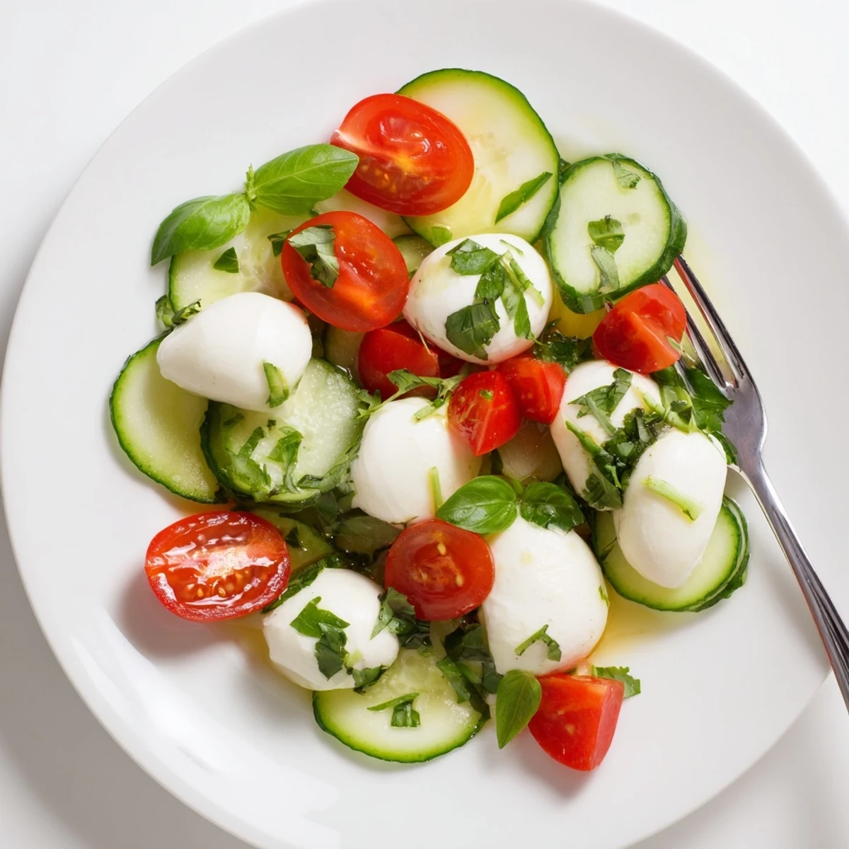 Vibrant bowl of cucumber mozzarella salad tossed with olive oil dressing and fragrant parsley garnish