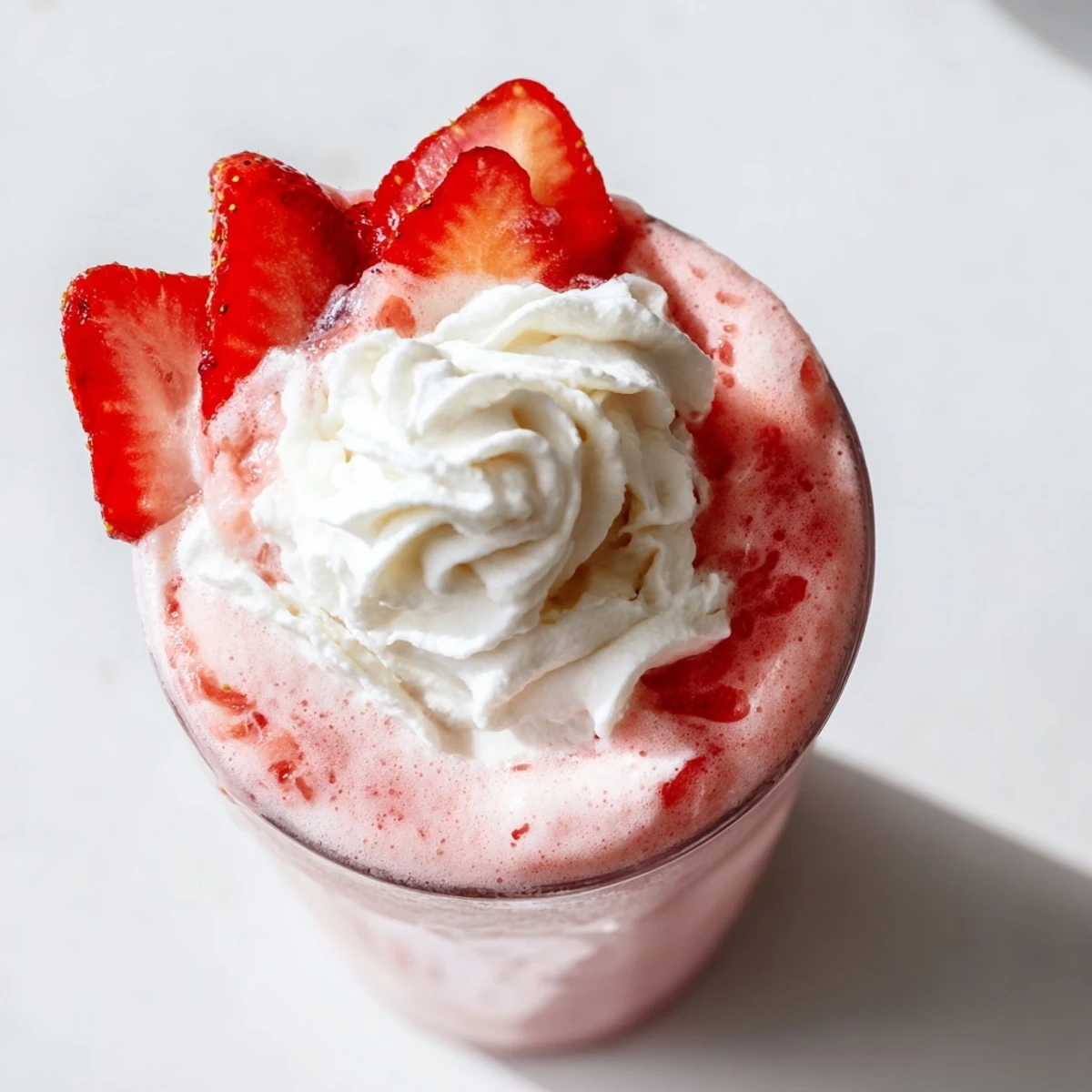 Thick blended refreshing strawberry cream frappuccino displaying frosty pink texture and creamy white foam swirls in clear glass