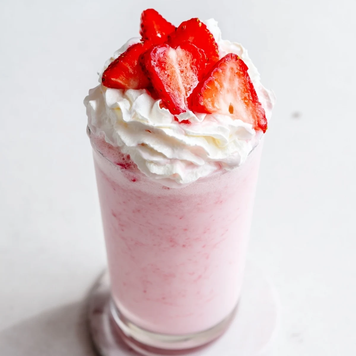 Ice-cold refreshing strawberry cream frappuccino with layered strawberry puree and milk mixture garnished with ripe red strawberry pieces