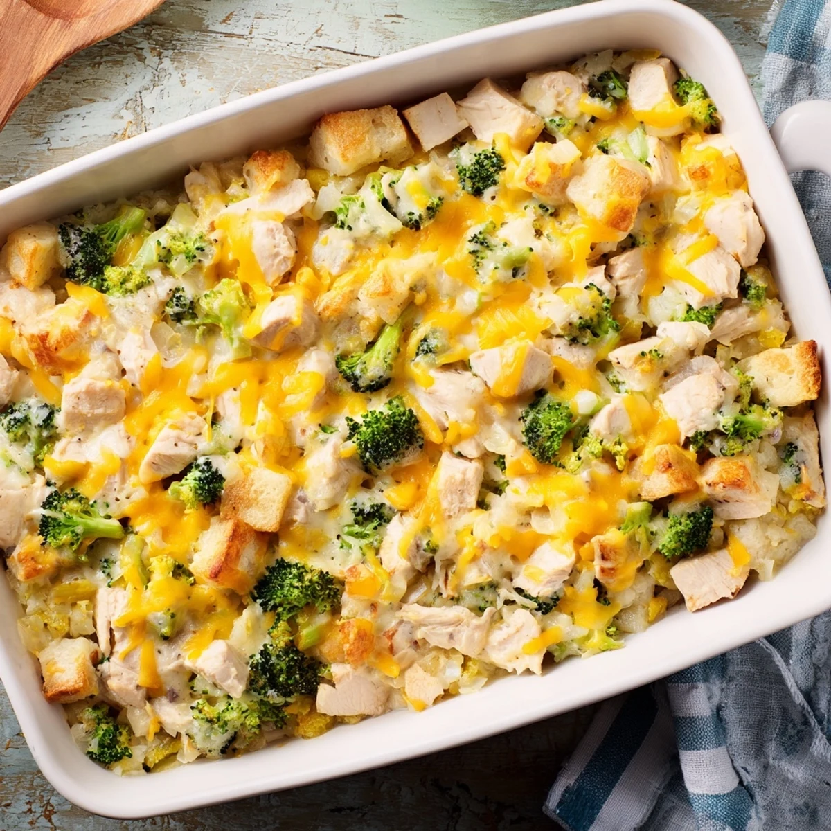 Golden baked potato chicken broccoli casserole topped with melted cheddar cheese and fresh thyme