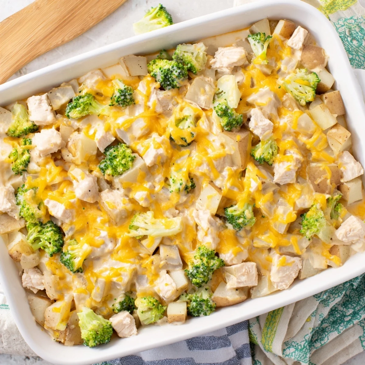 Creamy cheesy baked potato chicken broccoli casserole served bubbling hot in a rectangular baking dish