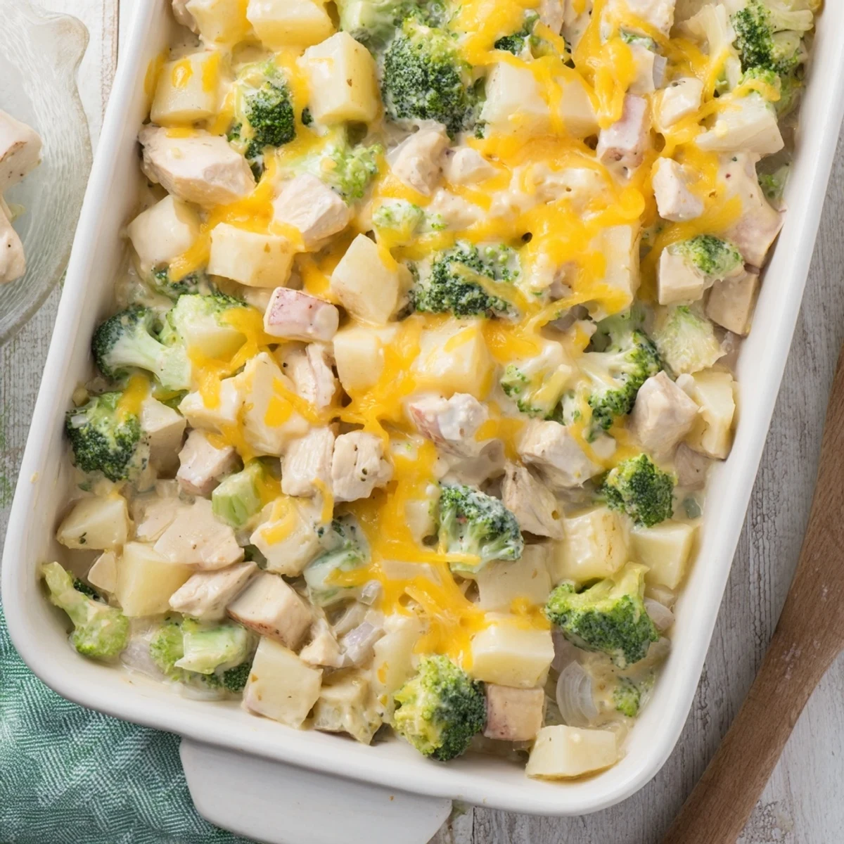 Hearty baked potato chicken broccoli casserole featuring tender chunks of chicken and vibrant green florets