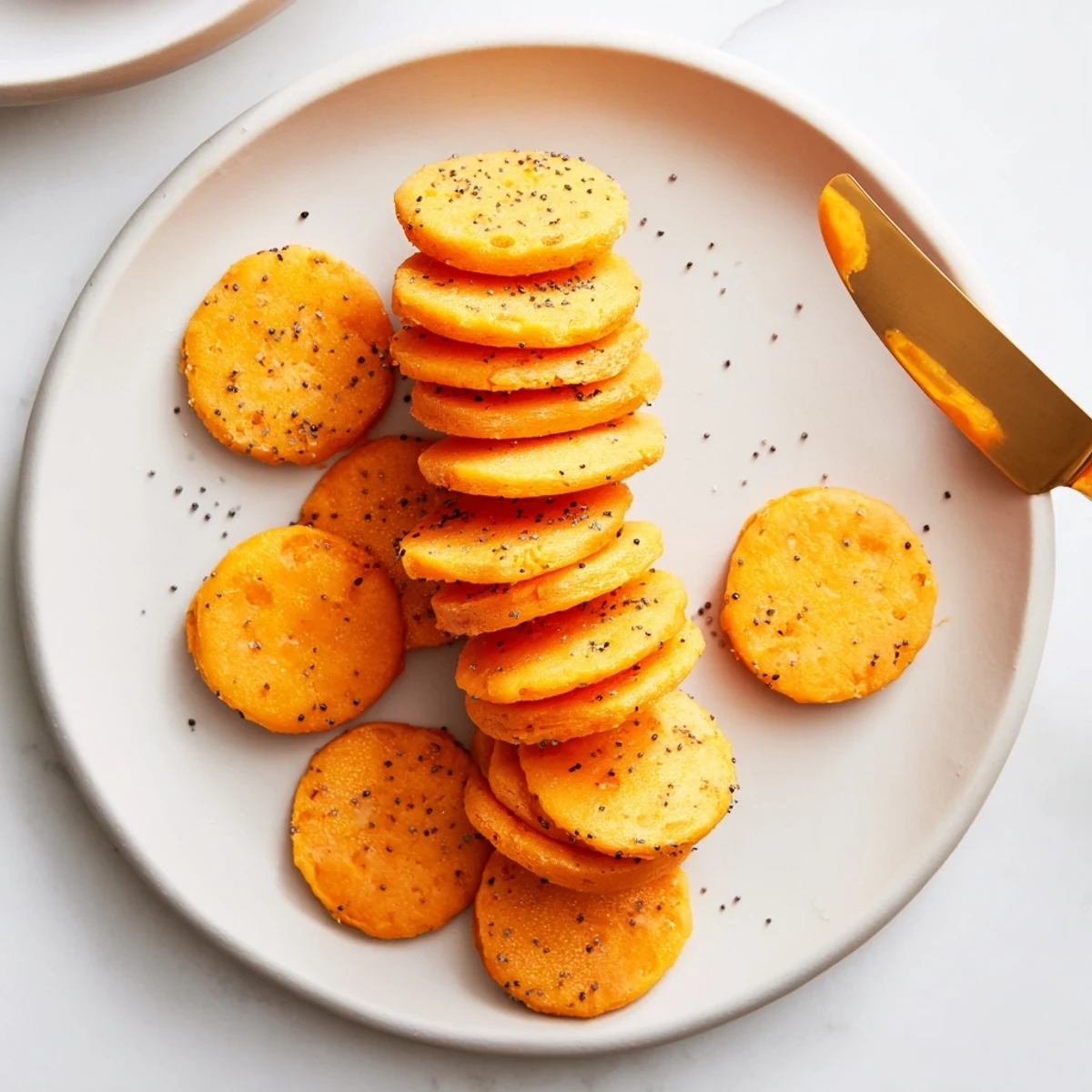 Golden baked cheddar cheese coins arranged on a white serving platter with poppy seed topping