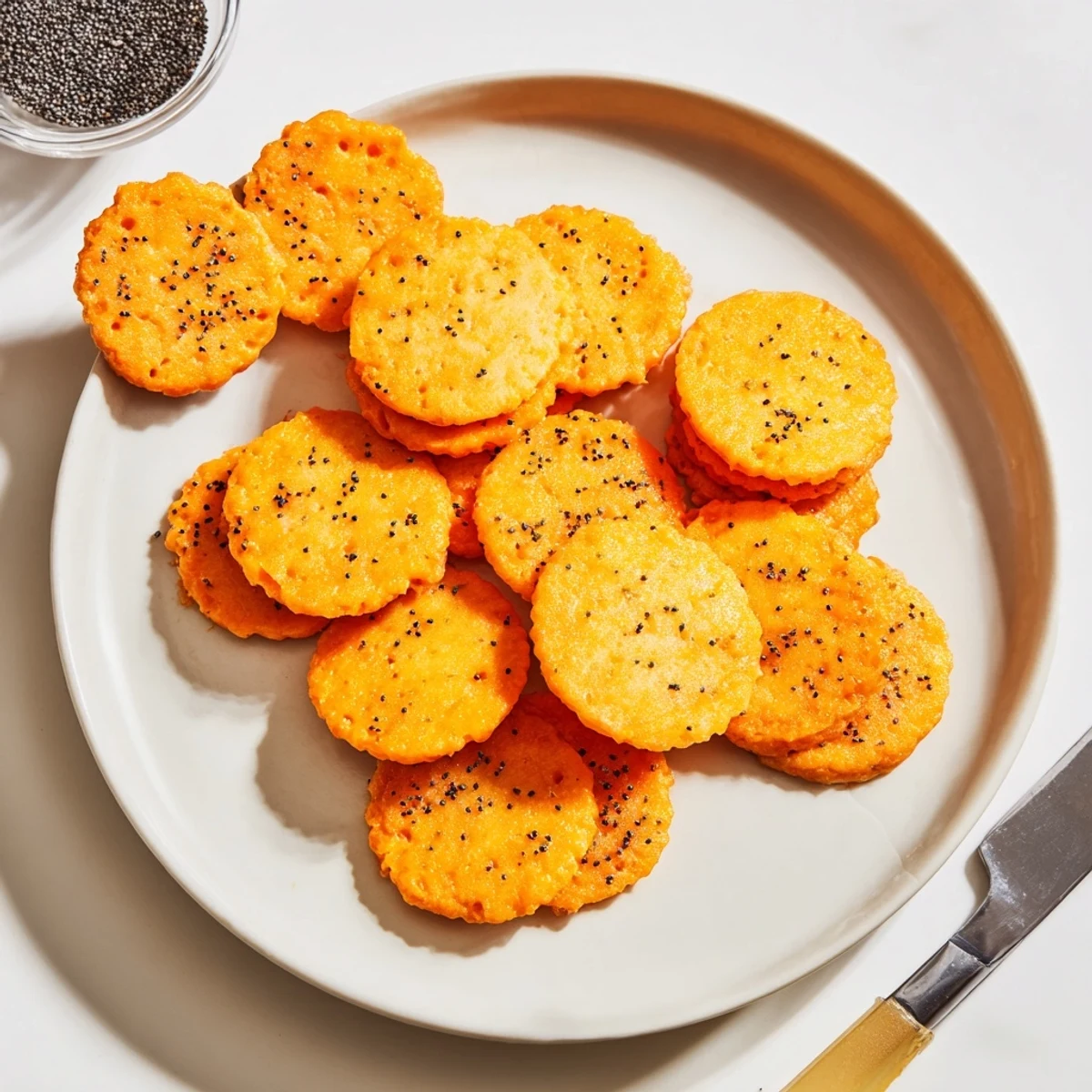 Savory cheddar cheese coins stacked neatly on wooden board ready for party appetizer serving