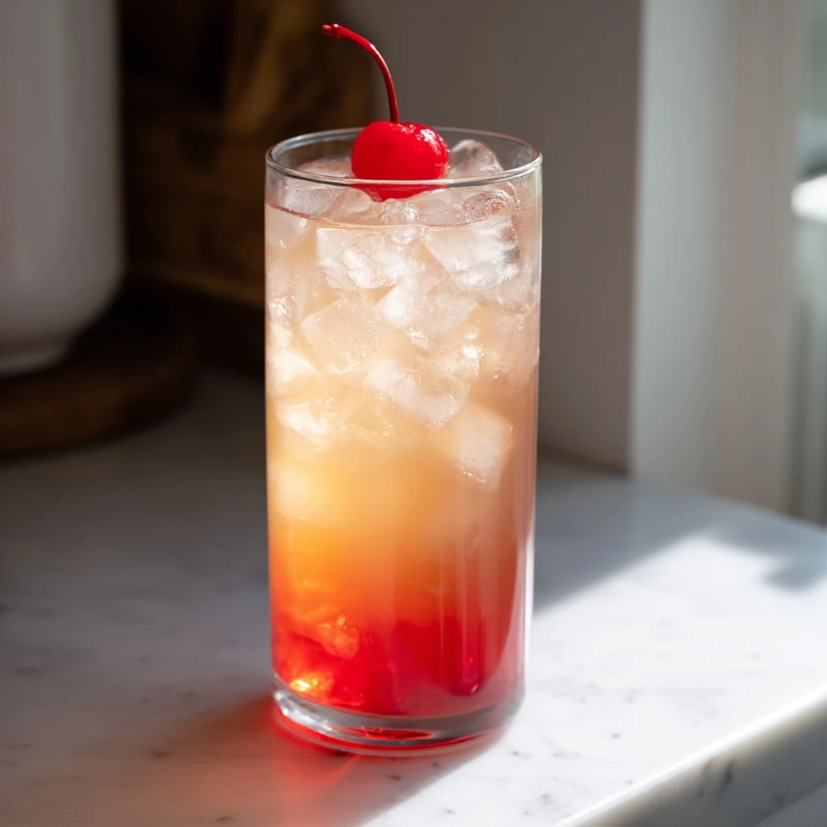 Garnished Shirley Temple drink in tall glass with maraschino cherry and rosy grenadine swirl
