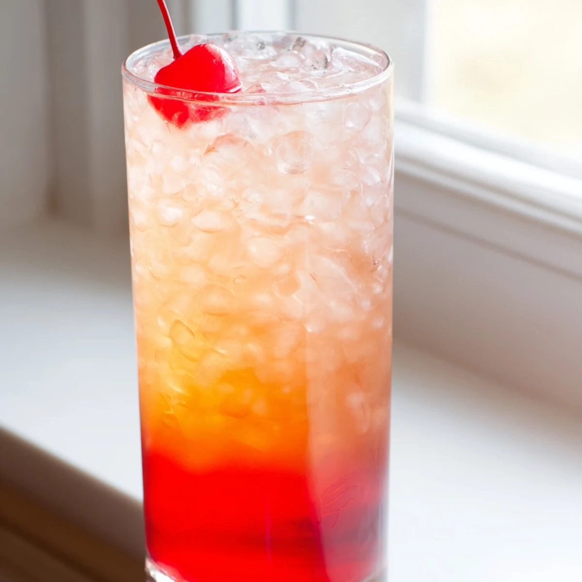 Refreshing Shirley Temple mocktail layered with ginger ale and bright red grenadine syrup