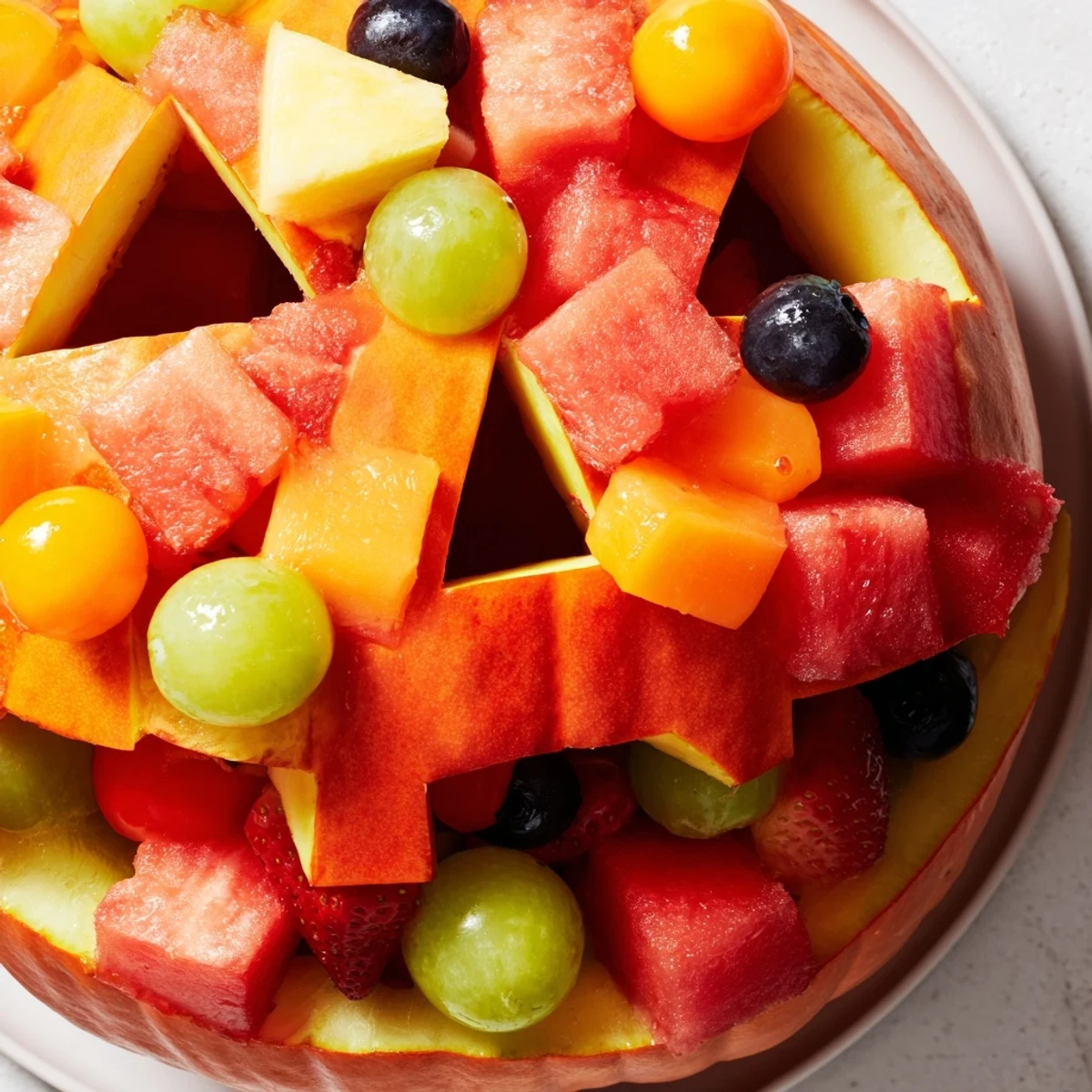 Carved watermelon Jack O Lantern fruit salad bowl filled with colorful fresh melon berries and pineapple chunks on a festive Halloween table