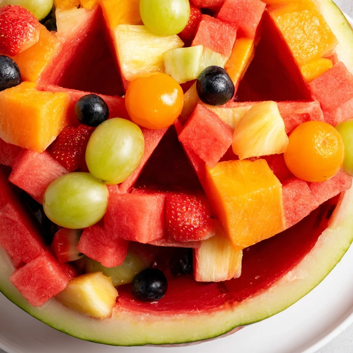 Whimsical watermelon Jack O Lantern serving bowl displaying juicy colorful fruit salad with cantaloupe honeydew pineapple strawberries and blueberries