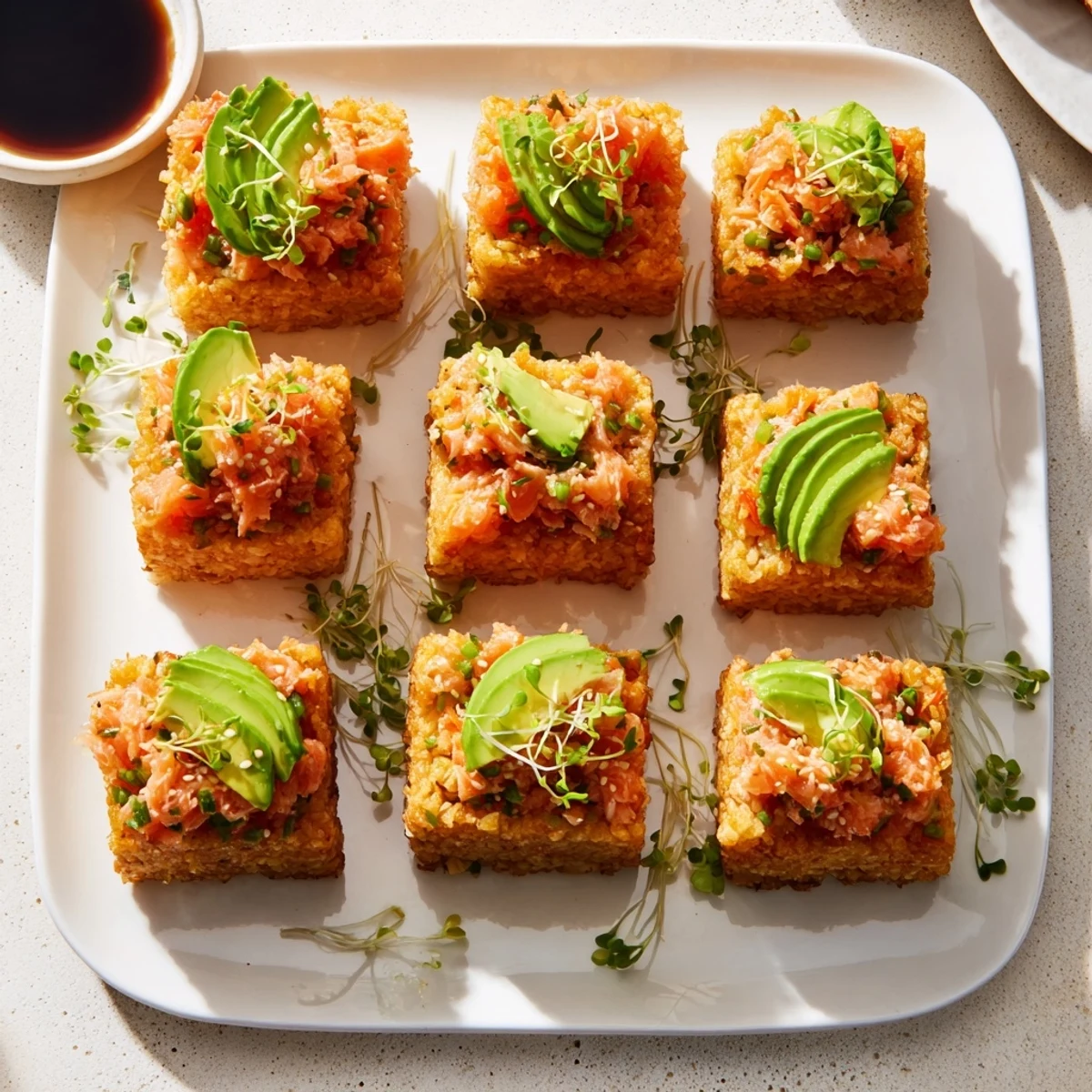 Golden pan-fried rice cakes topped with spicy salmon and creamy avocado slices