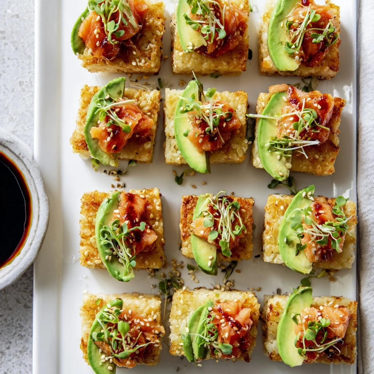 Crispy sushi rice bites with seasoned spicy salmon and ripe avocado topping