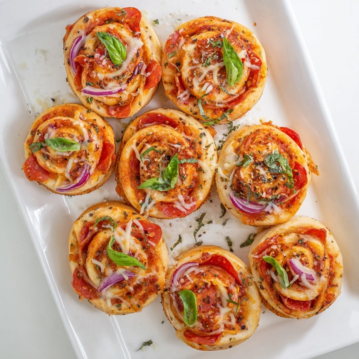 Savory easy pizza roses arranged on a serving platter, showcasing spiral layers of pepperoni, cheese, and colorful vegetables