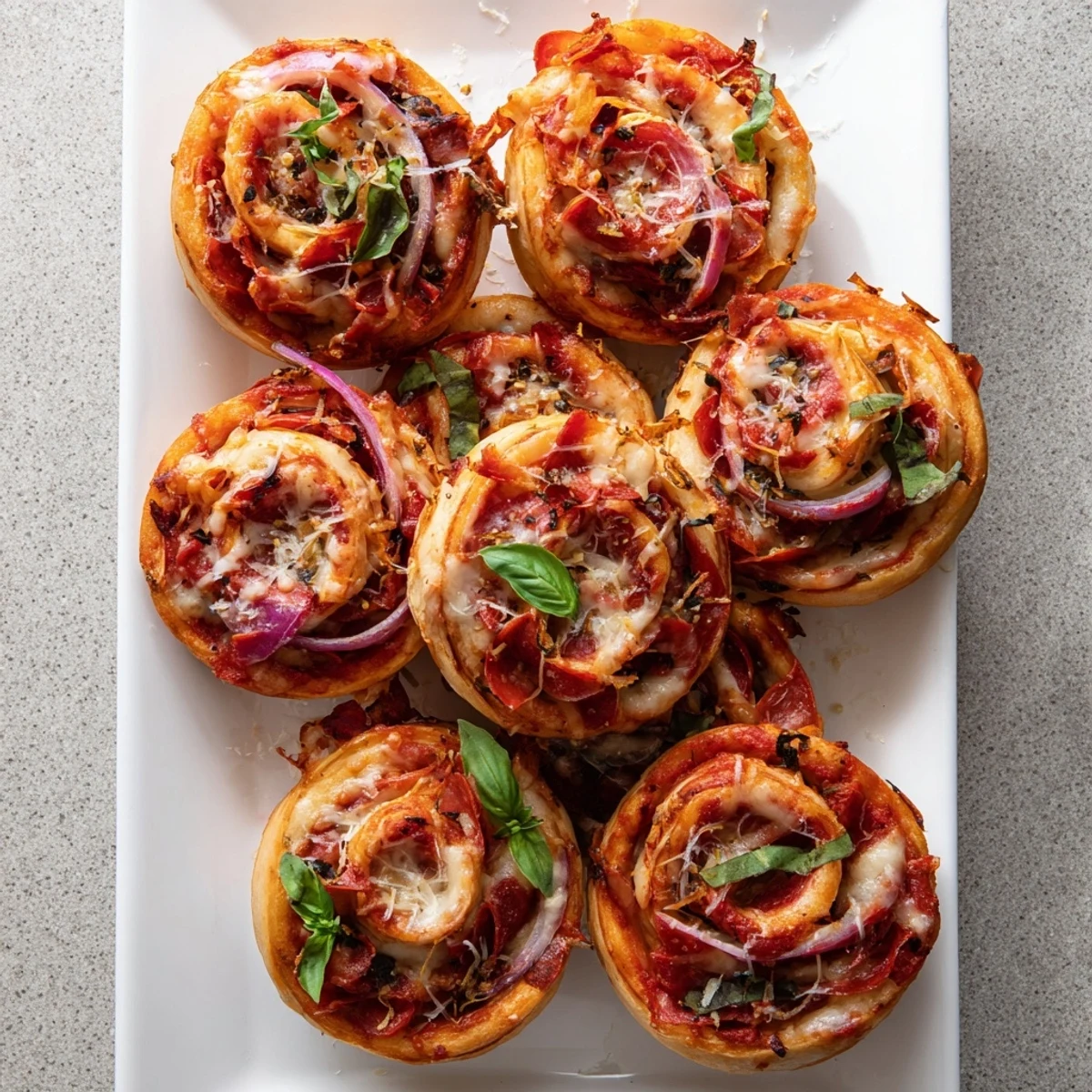 Freshly baked easy pizza roses with golden crust, featuring cheesy spiral centers and garnished with aromatic Italian herbs