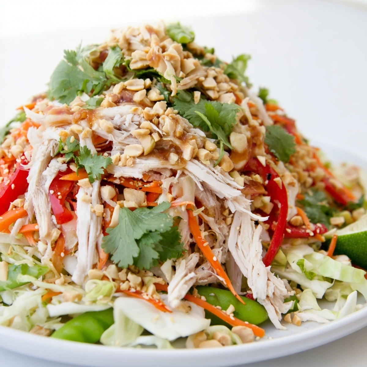 Fresh no cook Asian chicken salad plated with shredded cabbage, carrots, bell peppers, and peanut topping