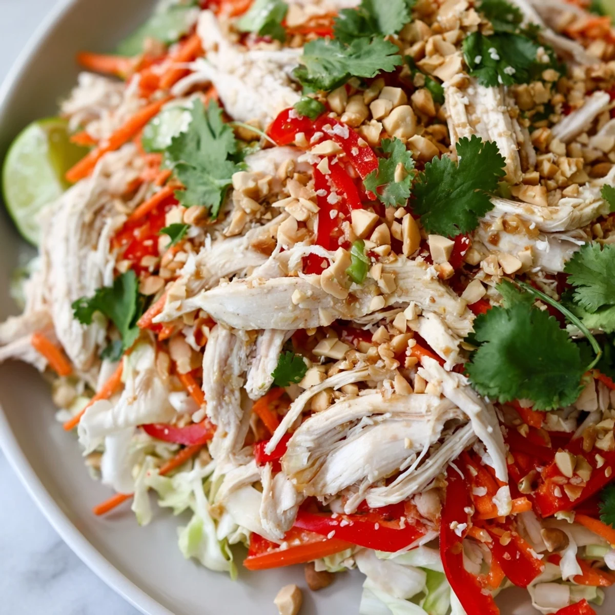 Vibrant no cook Asian chicken salad featuring tender rotisserie chicken, crunchy snap peas, and sesame-ginger dressing