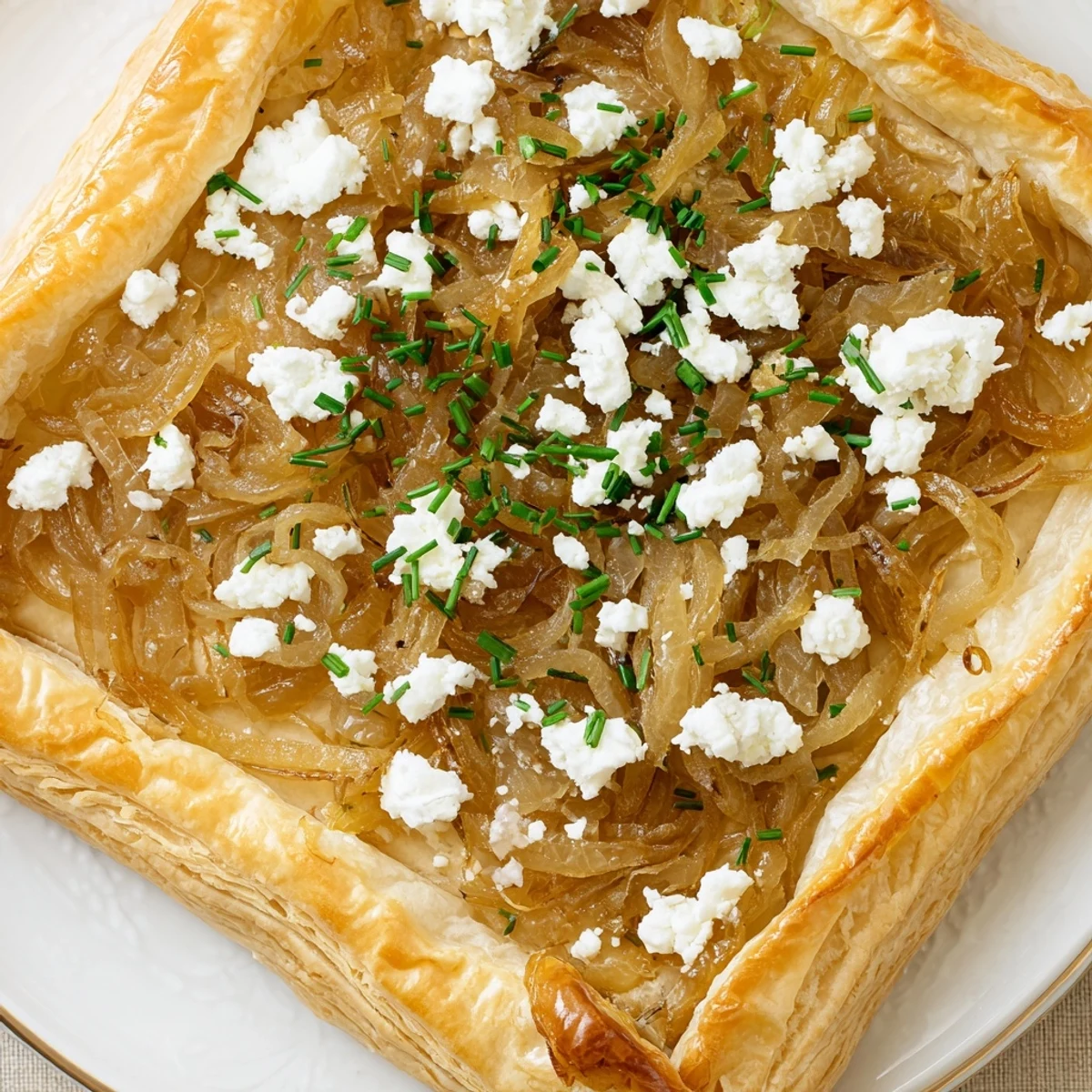 Golden caramelized onion and goat cheese tarts with flaky puff pastry and fresh herbs