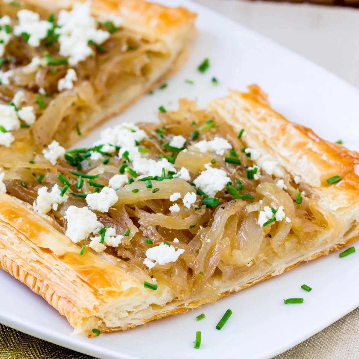 Elegant caramelized onion goat cheese tarts baked until golden with fresh chive garnish