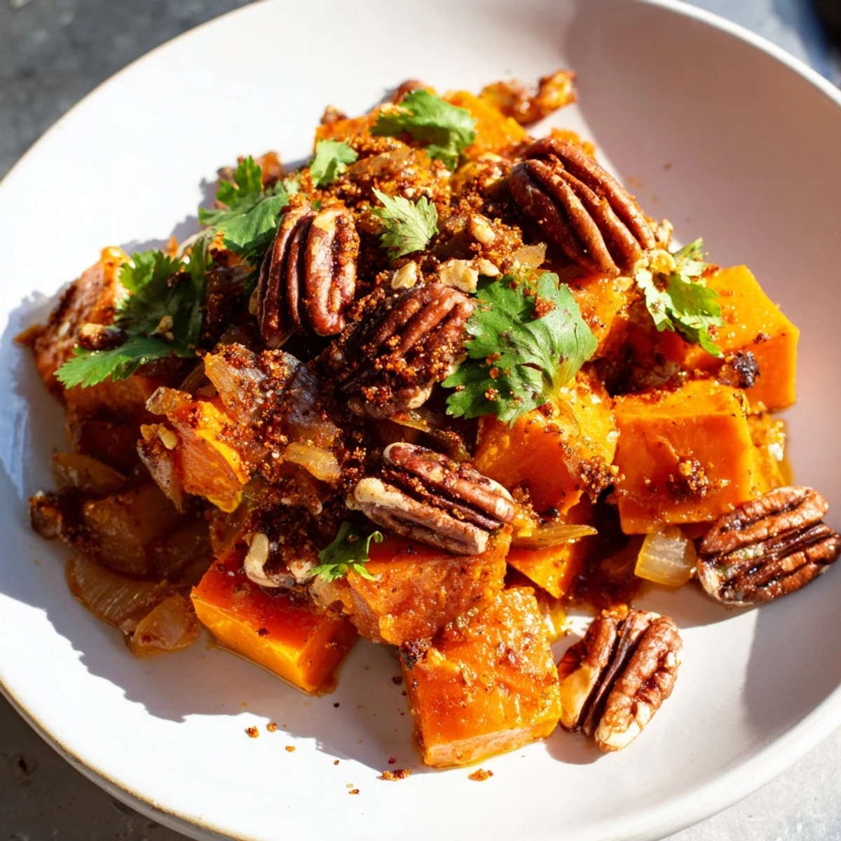 Golden braised sweet potatoes in a rich glaze topped with spicy roasted piri piri pecans
