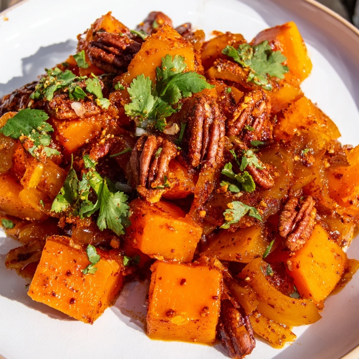 Tender glazed sweet potato cubes garnished with crunchy spicy pecans for a warming side dish
