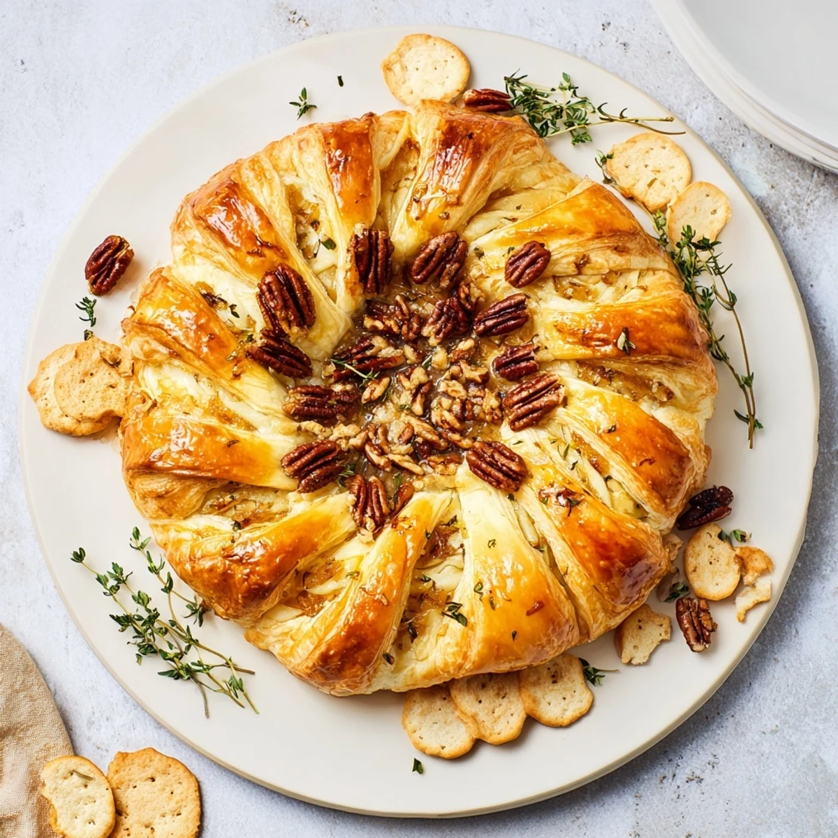 Golden brown baked brie with fig jam oozing onto a rustic wooden board