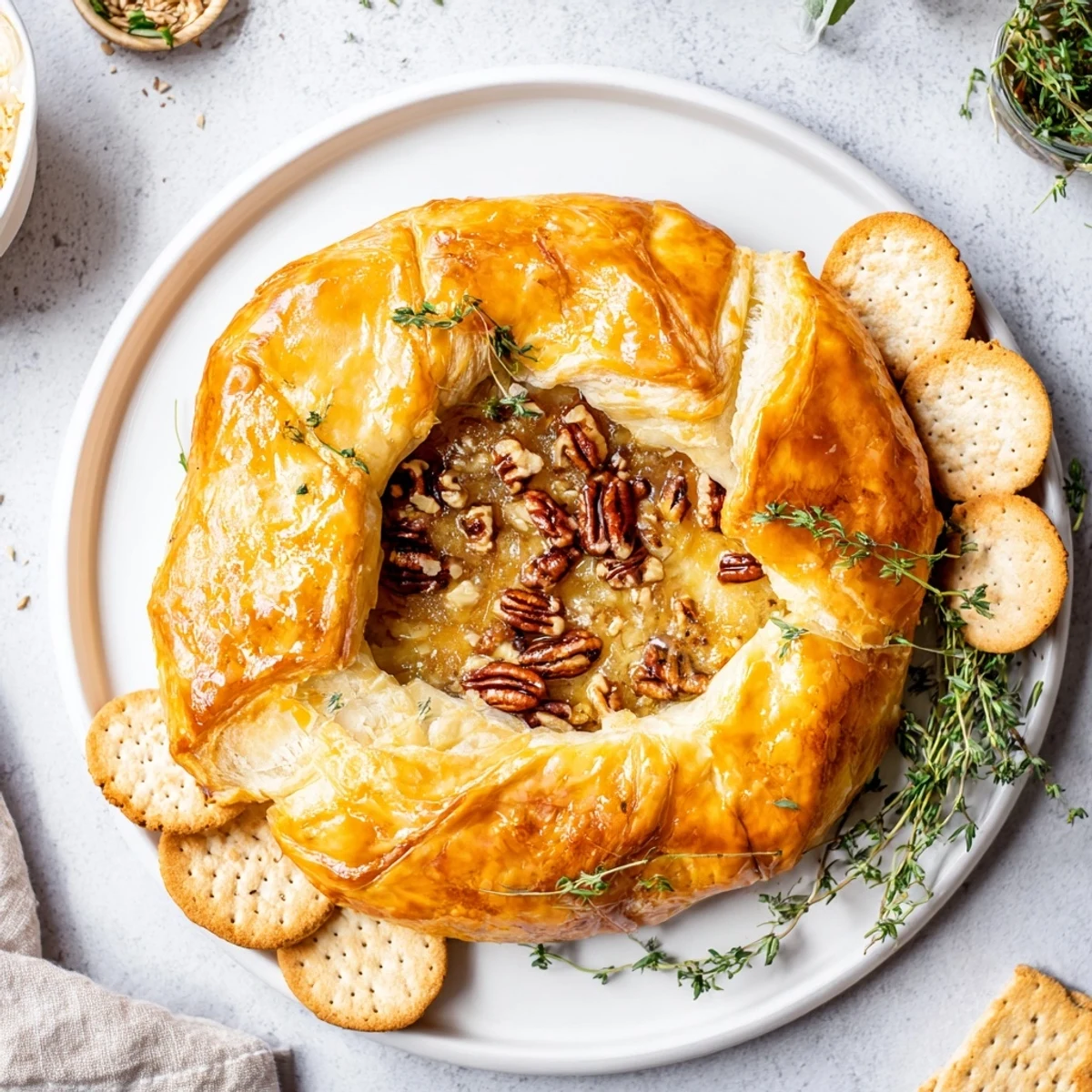 Warm melty baked brie with fig jam served with crackers on a platter