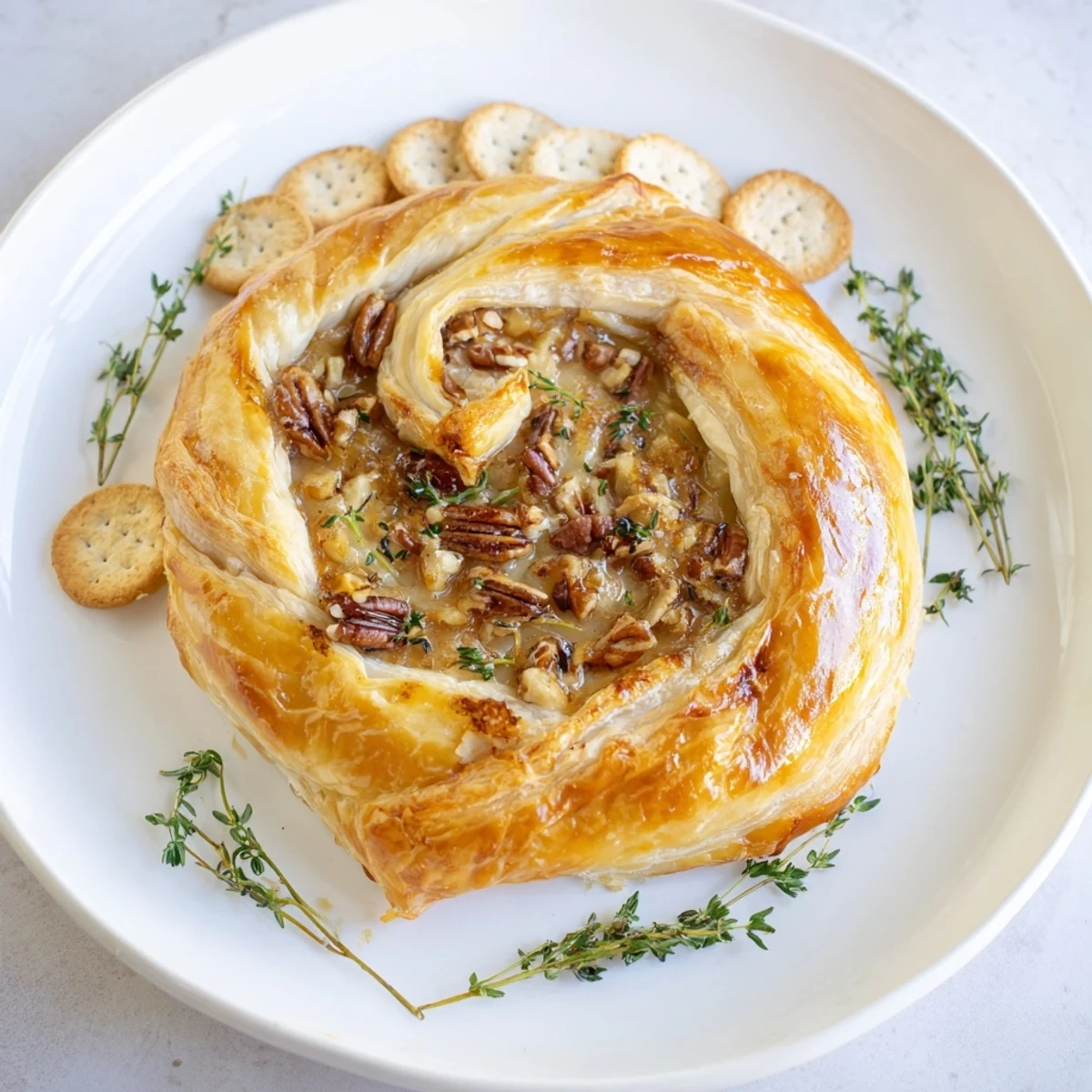 Flaky puff pastry-wrapped brie wheel topped with sweet fig jam and fresh thyme