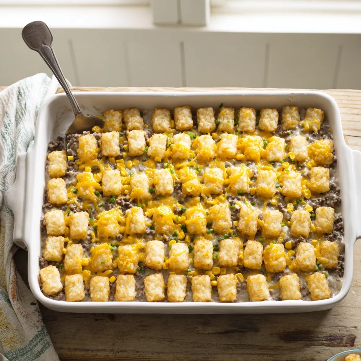 Golden brown tater tot casserole with crispy potato topping and melted cheddar cheese bubbling over savory beef filling