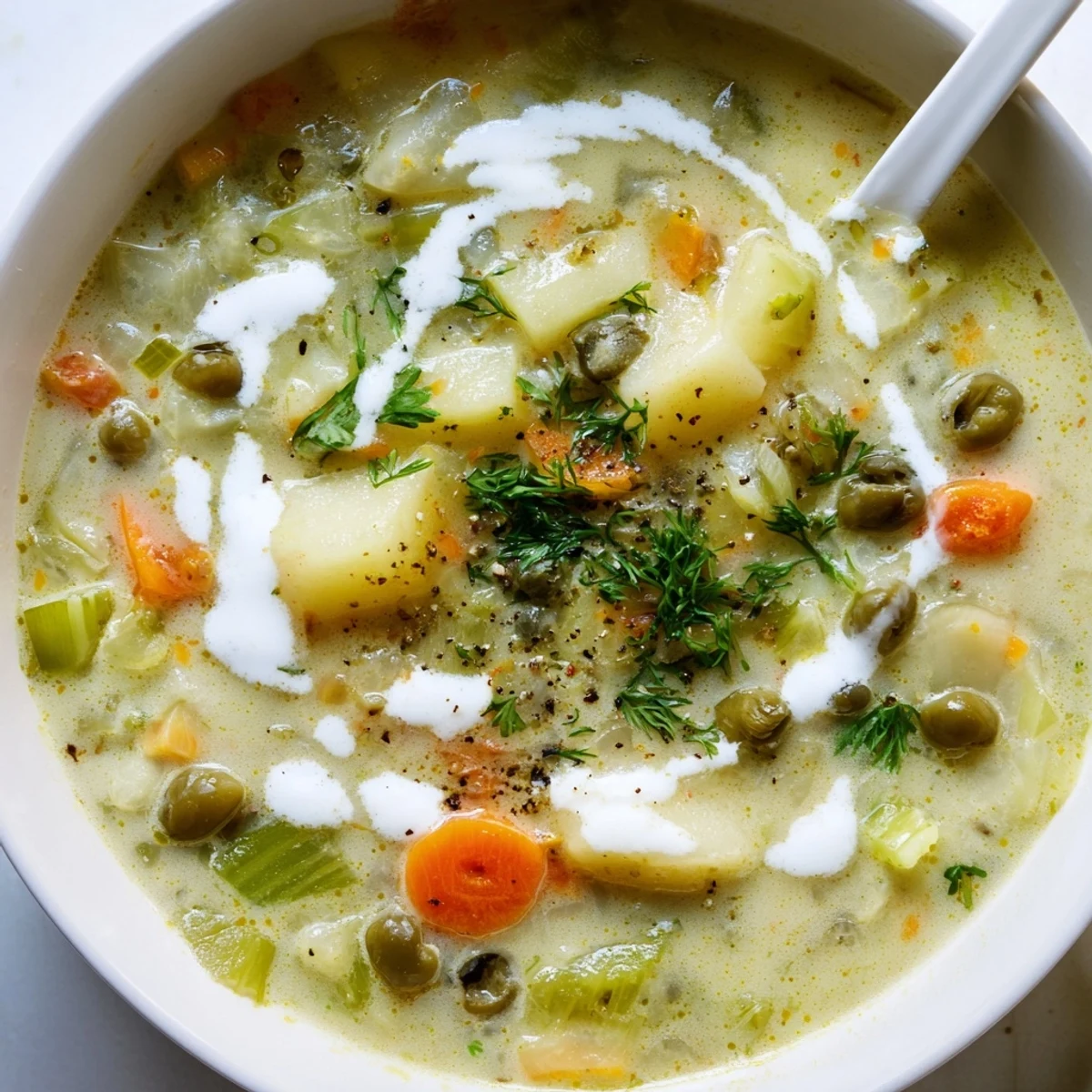 Creamy green olive soup garnished with fresh parsley and served in a white bowl