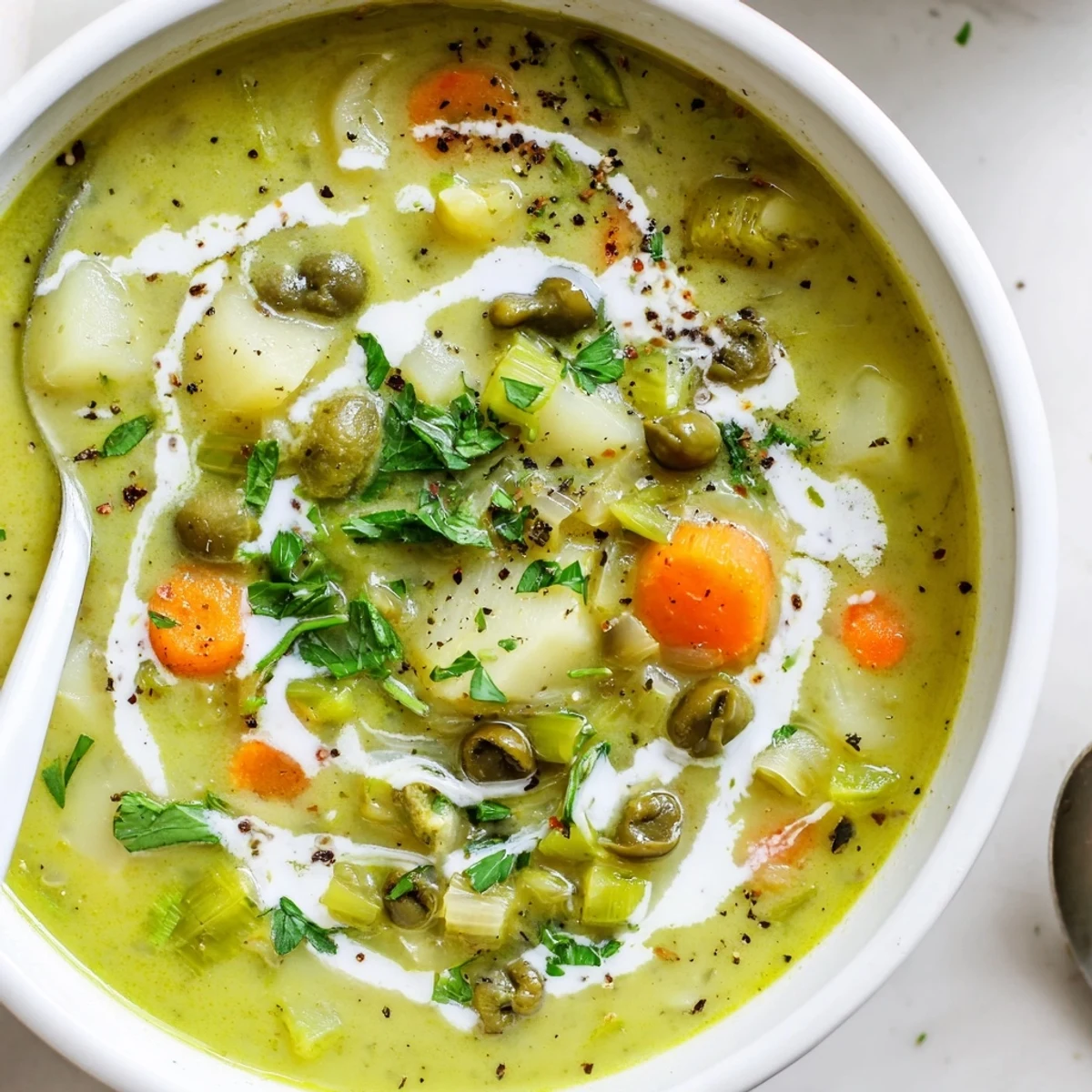 Steaming bowl of delicious green olive soup topped with chopped herbs and lemon zest