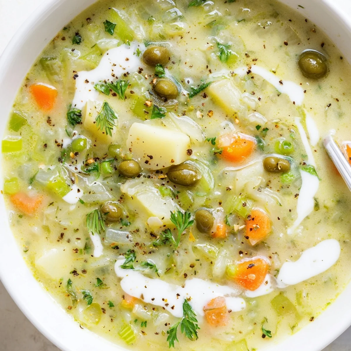 Vibrant Mediterranean green olive soup with potato chunks and crusty bread on the side
