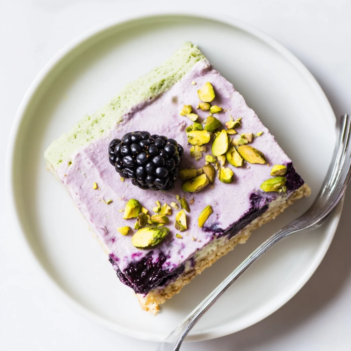 Golden square slices of blackberry pistachio dream bars topped with fresh berries and chopped nuts