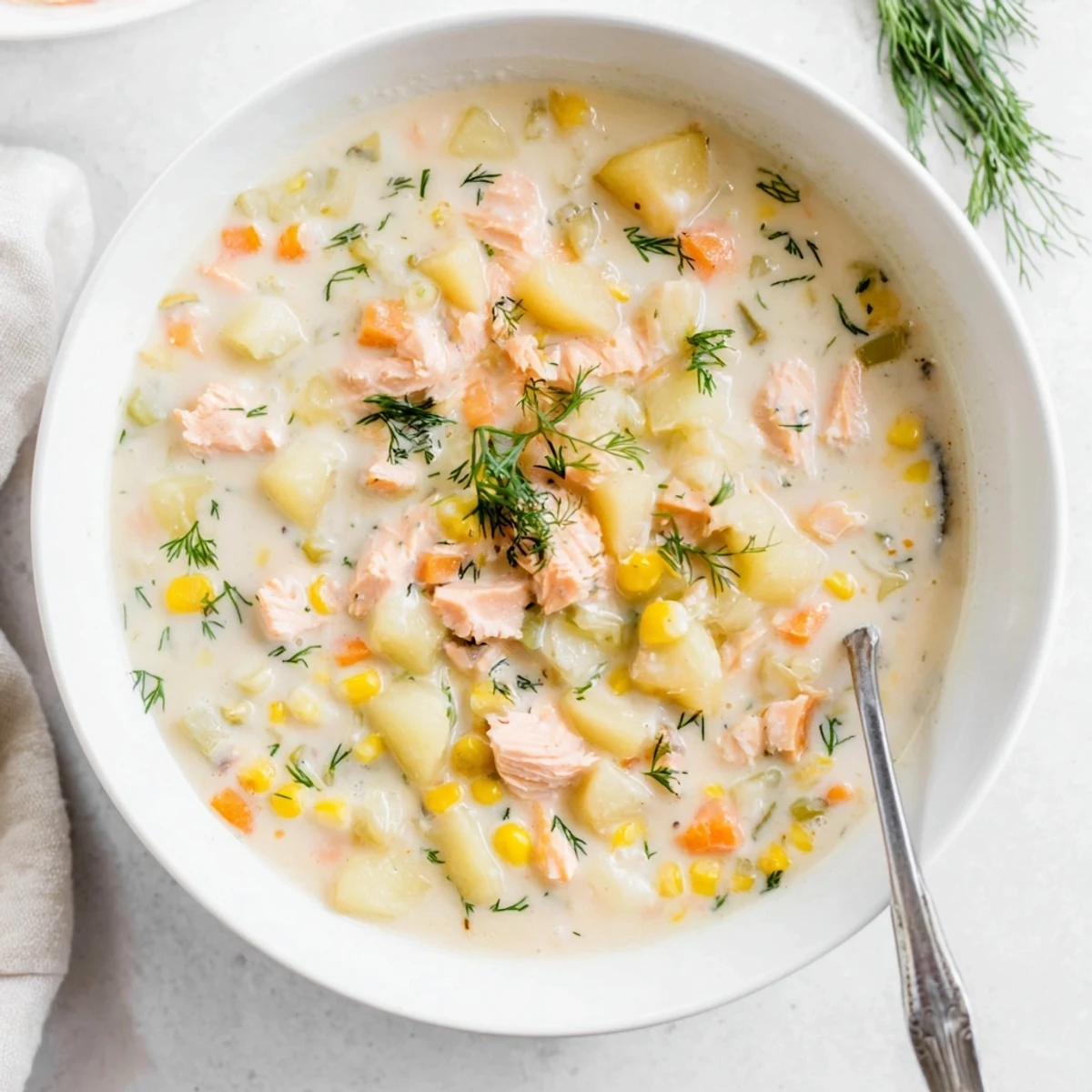 Creamy smoked salmon chowder bowl garnished with fresh dill and tender potato chunks