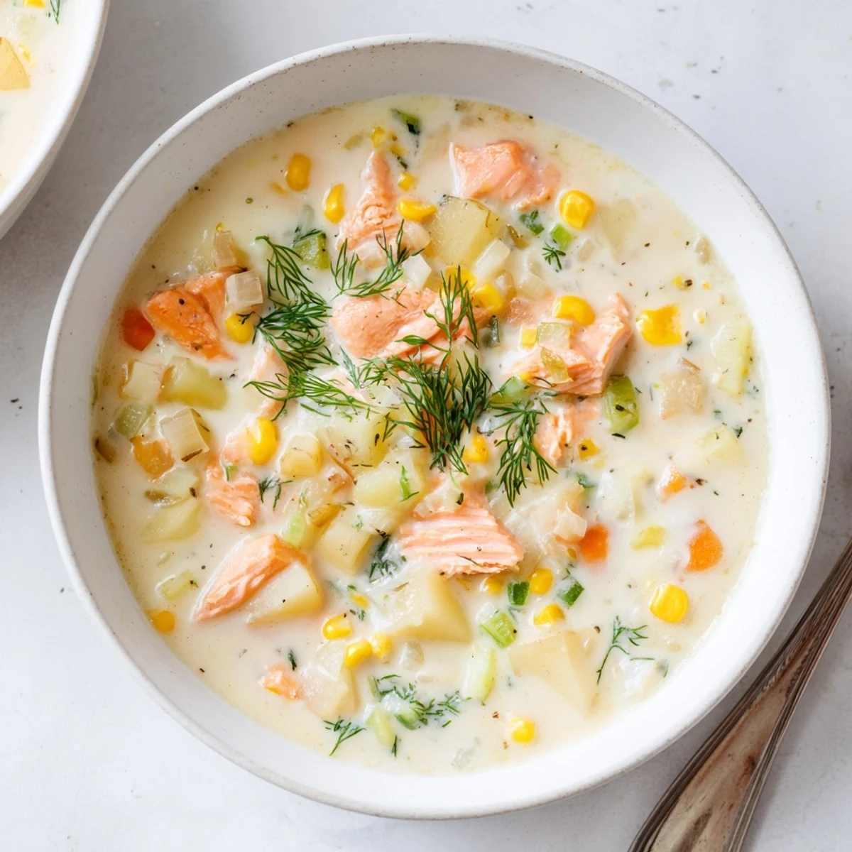 Steaming smoked salmon chowder served with crusty bread and sprinkled with fresh green dill