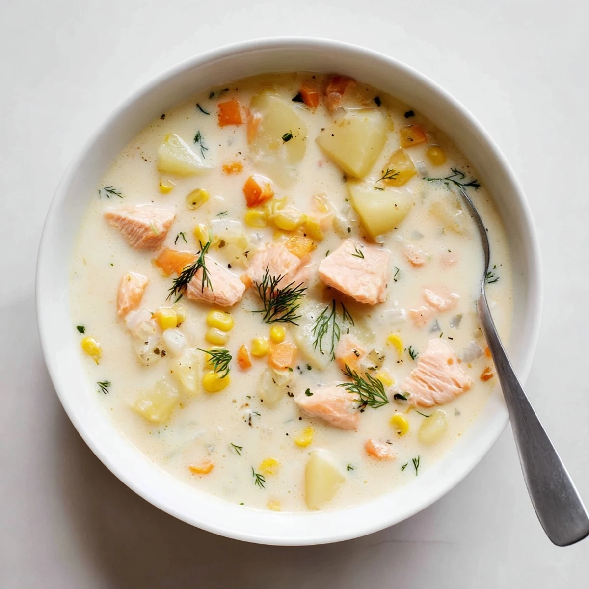 Rich smoked salmon chowder simmered with corn and carrots in a white ceramic bowl