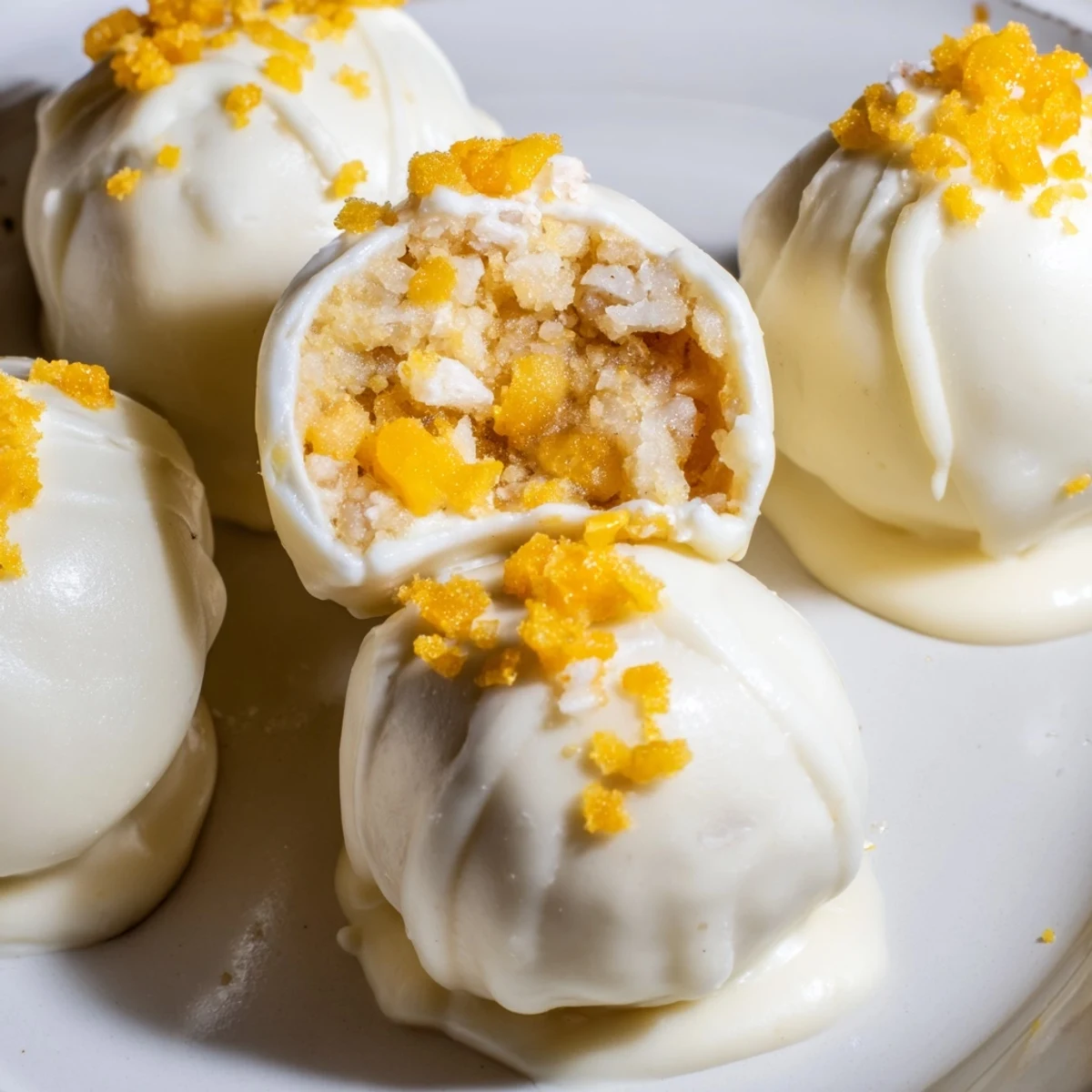 White chocolate mango truffles sprinkled with coconut on a marble serving board