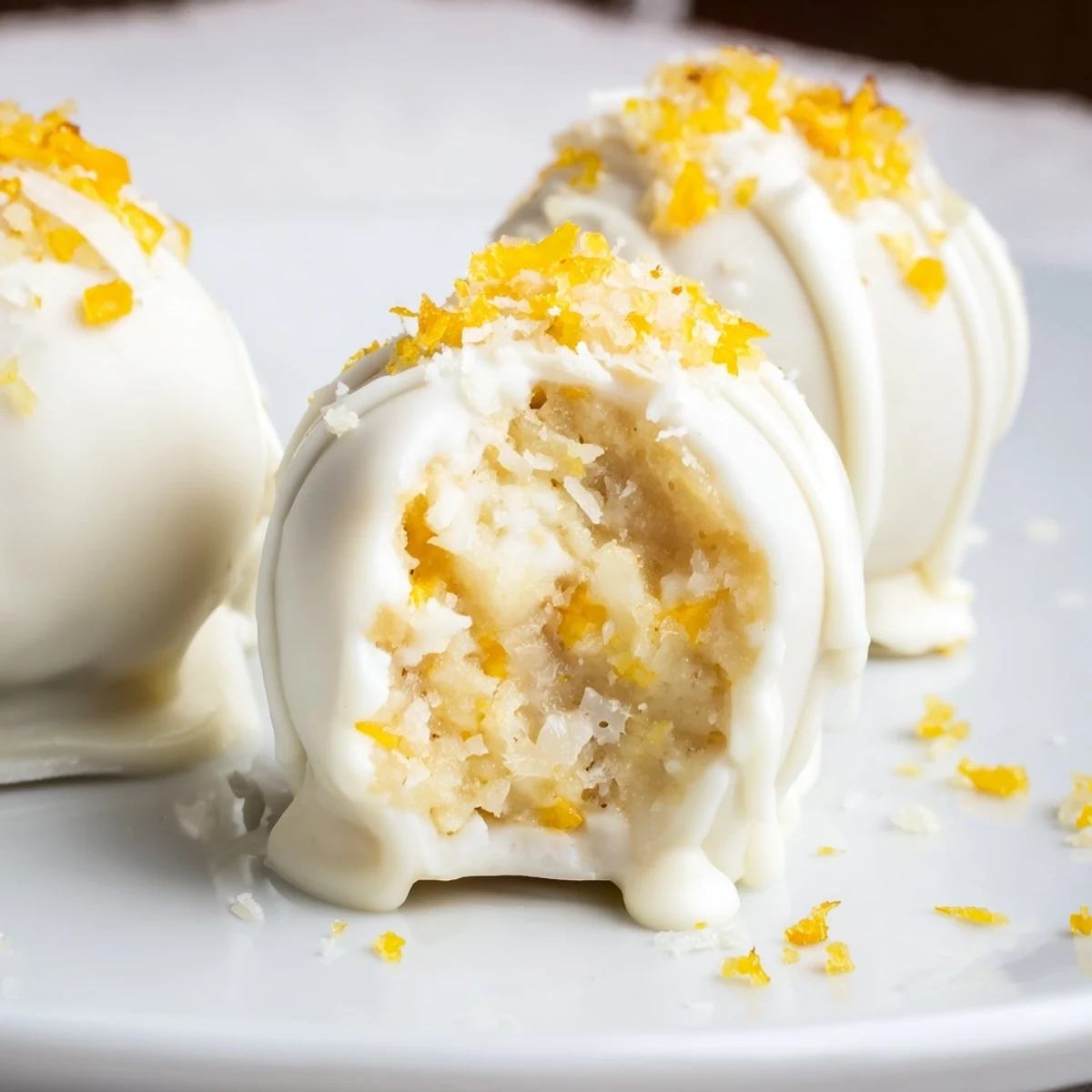 Handmade mango truffles coated in melted white chocolate and garnished with dried fruit