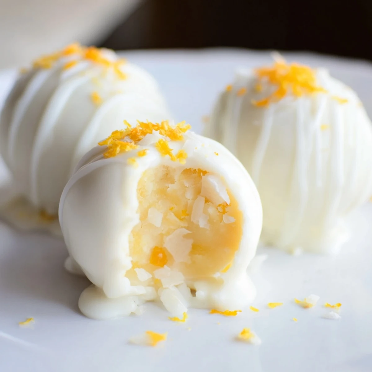 Creamy mango truffles with smooth white chocolate coating and pistachio topping on plate