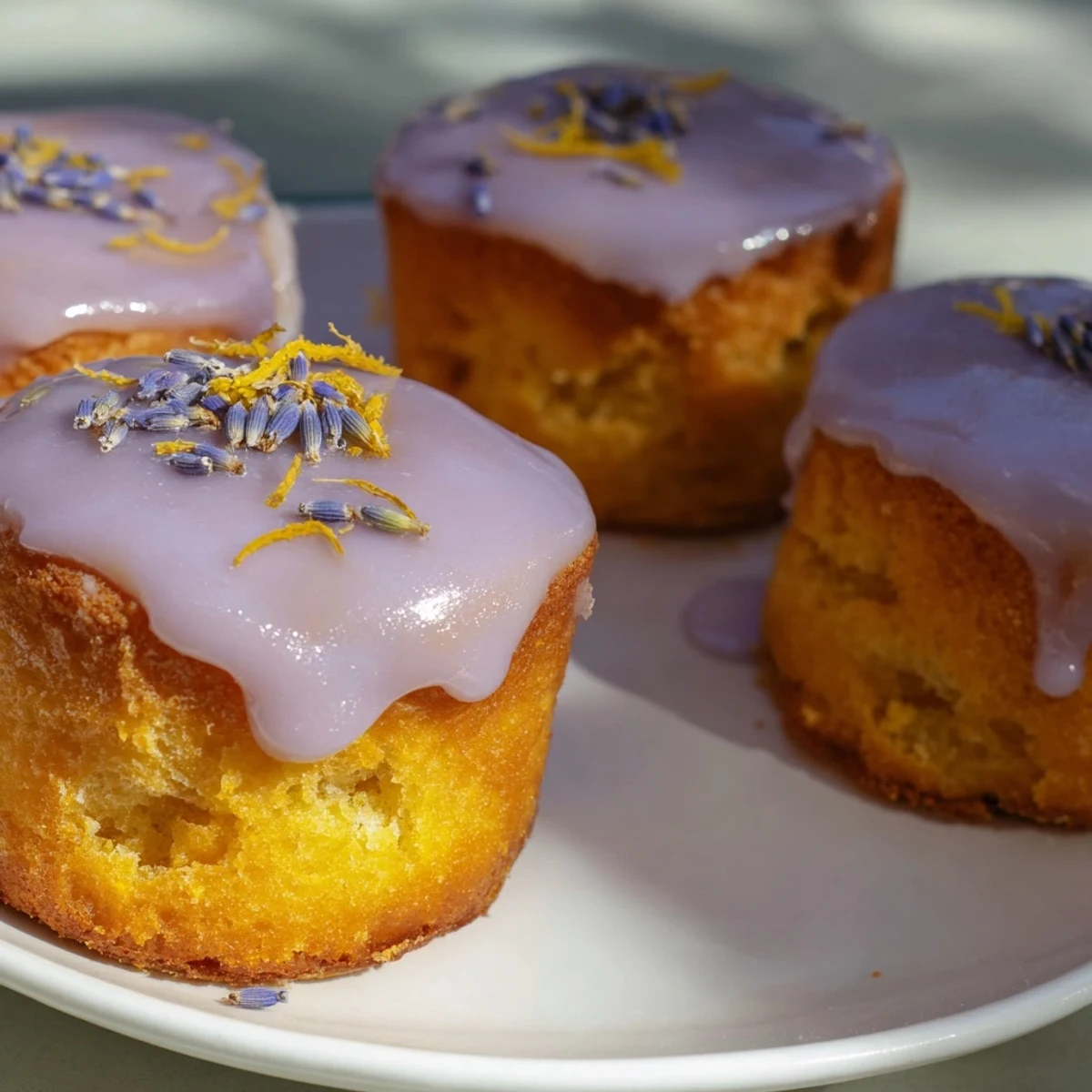 Golden mini lemon cakes with lavender glaze drizzled over the tops on a white plate