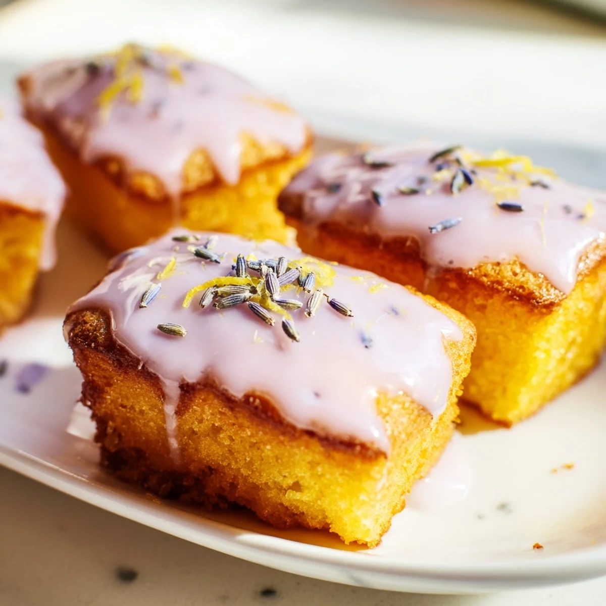 Small glazed lemon cakes sprinkled with lavender buds resting on a wooden serving board