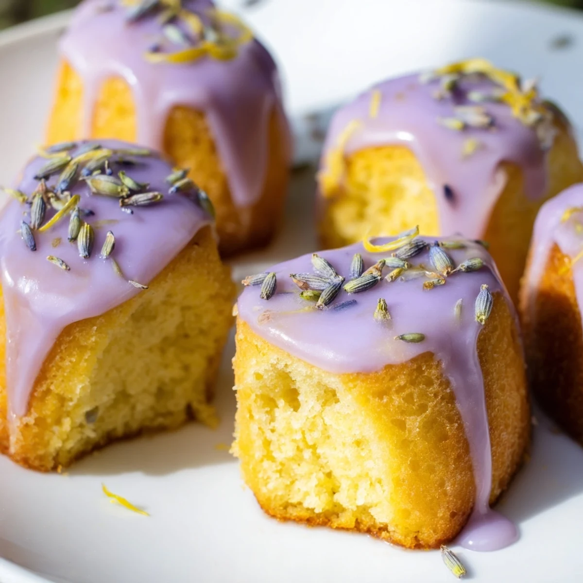 Freshly baked lemon mini cakes with smooth lavender icing cooling on a wire rack