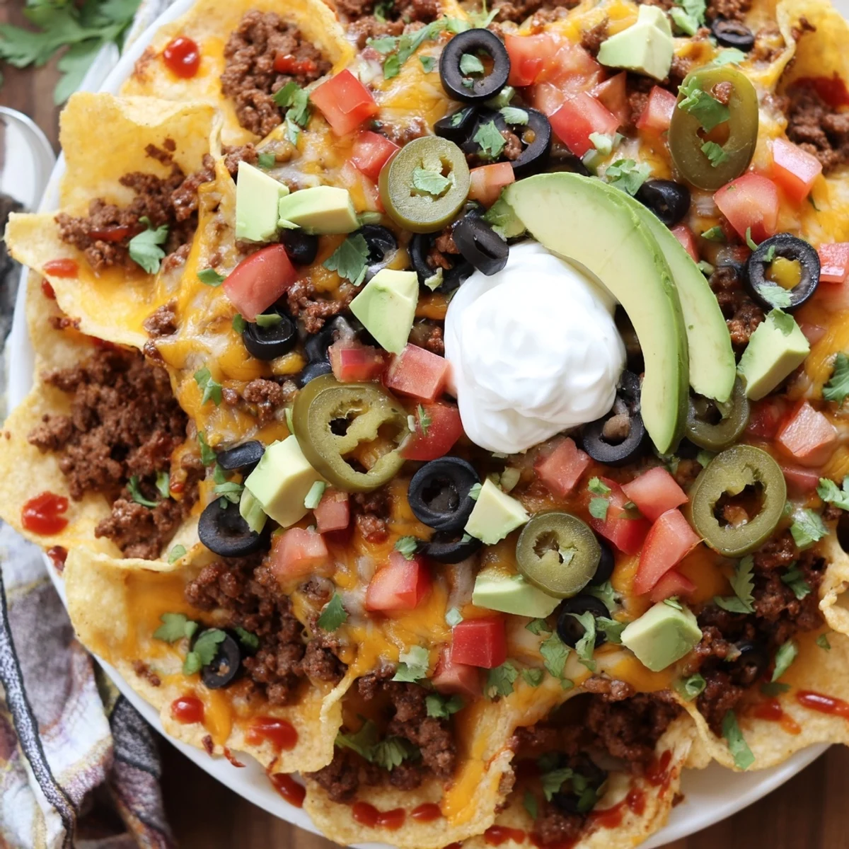 Golden Bundt pan nachos piled high with melted cheese and seasoned beef