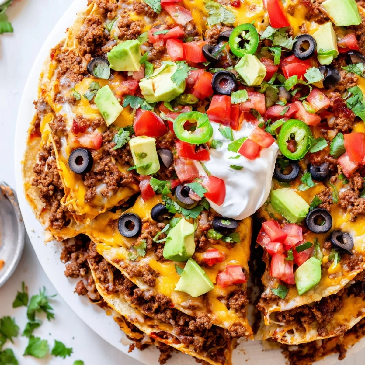 Crispy tortilla chip wreath topped with cheddar monterey jack and fresh garnishes
