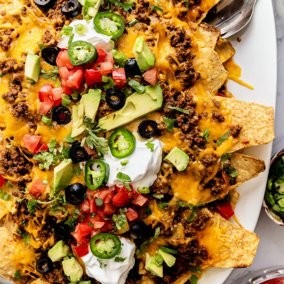 Showstopping ring shaped nachos baked to crispy perfection with colorful toppings