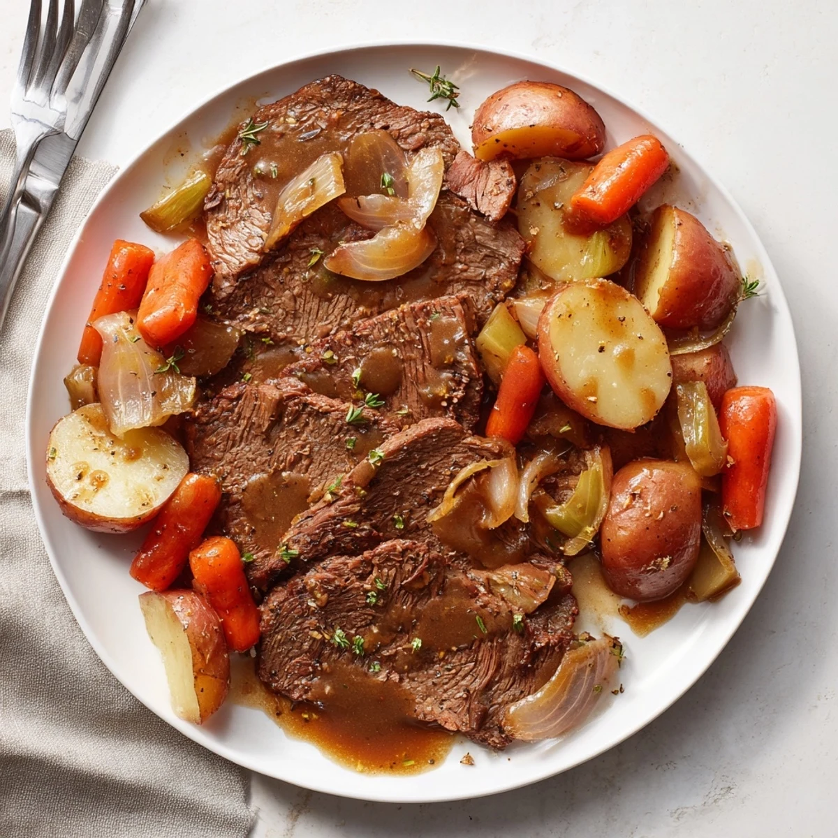 Golden Southern style pot roast plate with tender beef, carrots, and potatoes smothered in rich brown gravy
